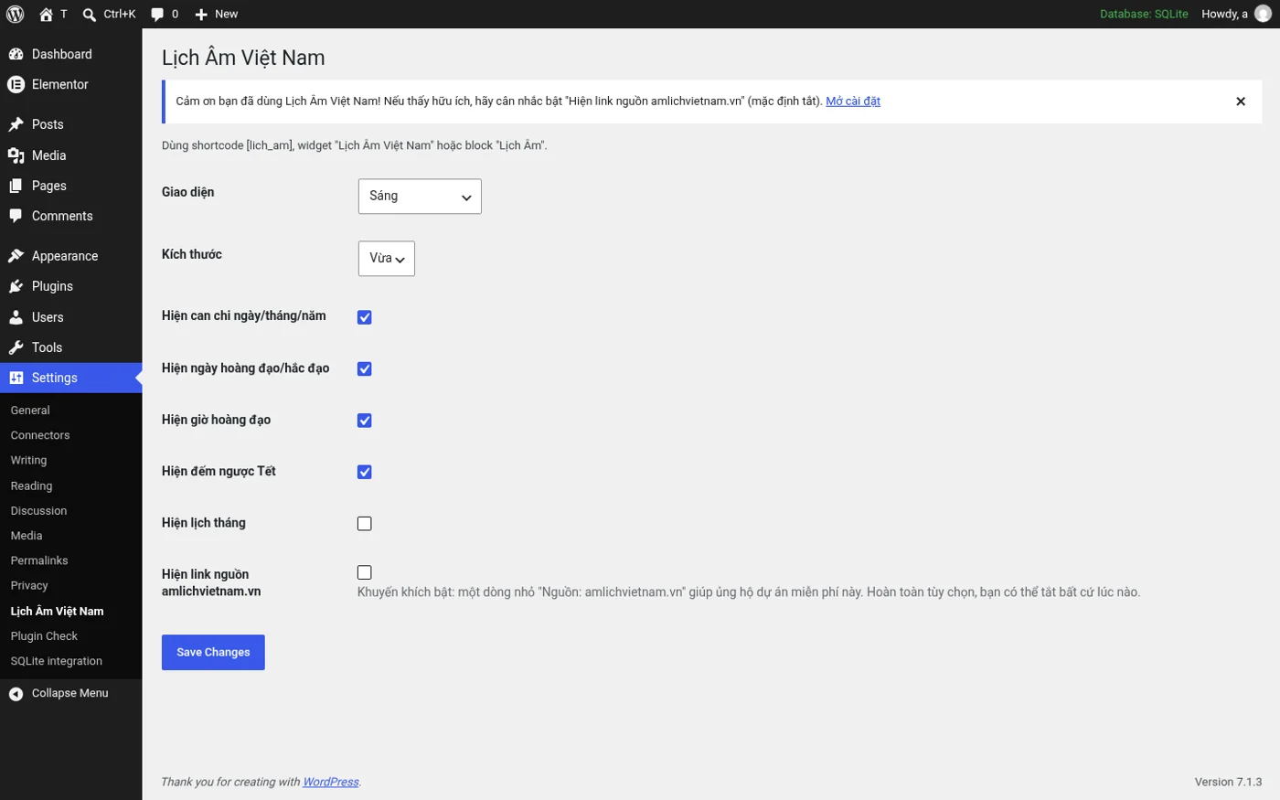 Trang cài đặt plugin
