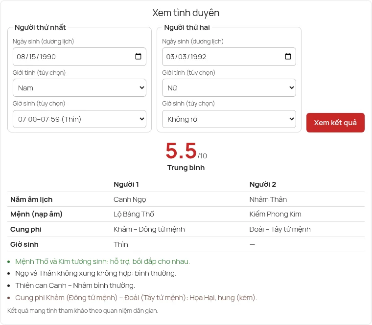 Kết quả xem tình duyên